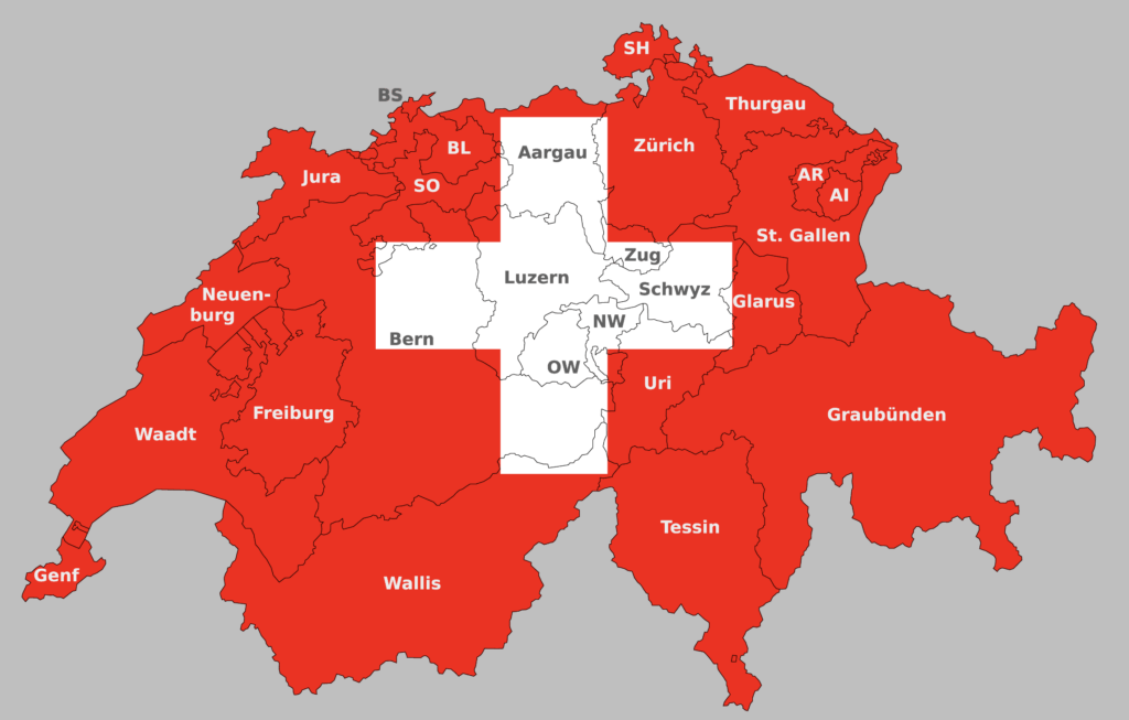 a map of switzerland with white and red squares