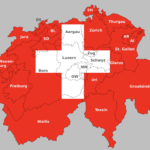 a map of switzerland with white and red squares