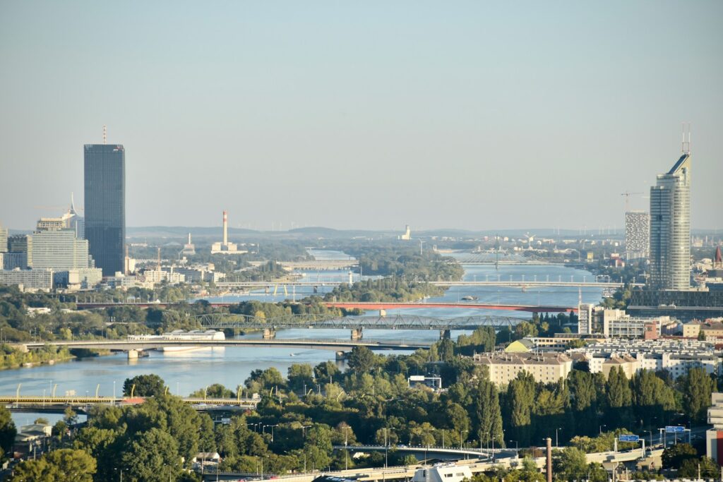 a view of a city with a river running through it