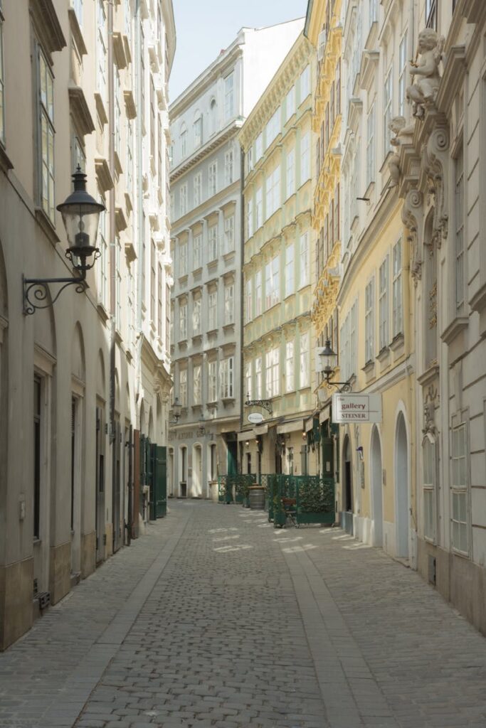 Explore the timeless elegance of Vienna's historic narrow street, capturing architectural beauty.