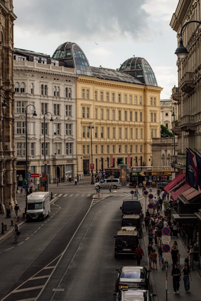 View of busy street in Vienna, Austria with historic buildings and urban life.